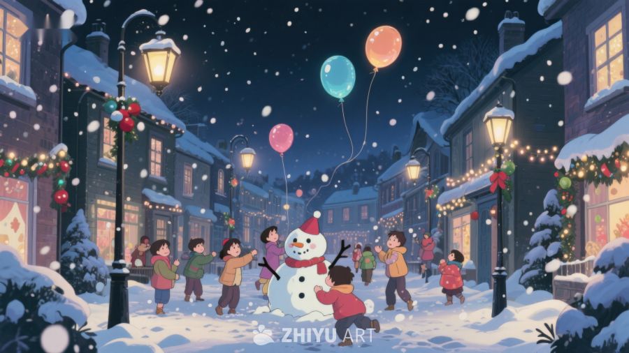冬夜雪景中的欢乐儿童 110