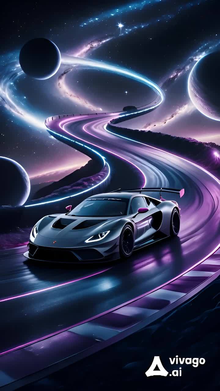 一辆银色跑车行驶在弯曲的道路上，道路边缘有紫色和蓝