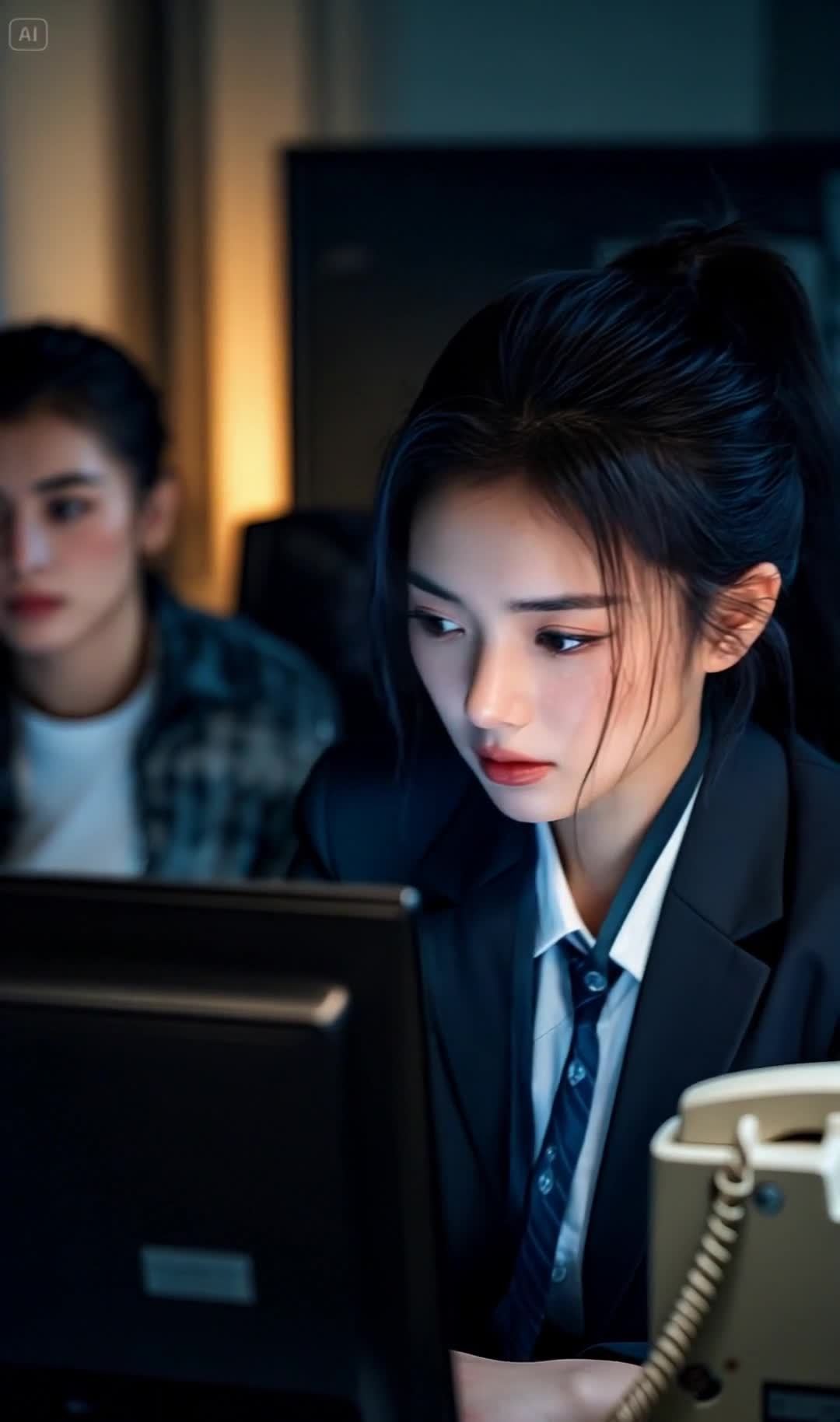 职场女性专注电脑，身着西装系领带在办公室内。