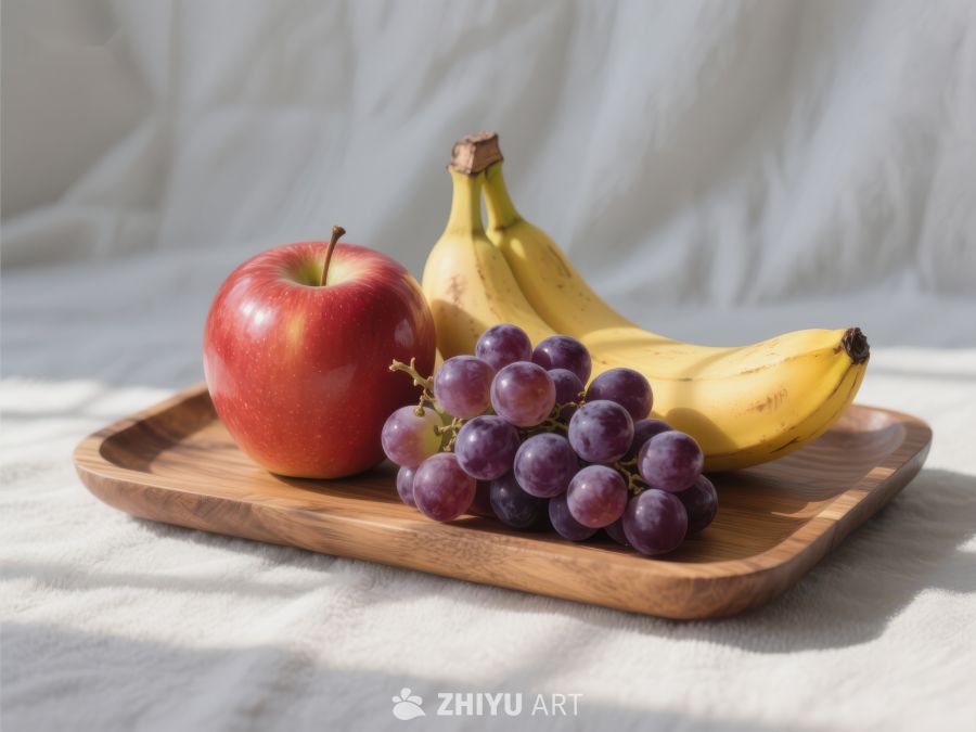 木盘上的苹果、香蕉和葡萄 248