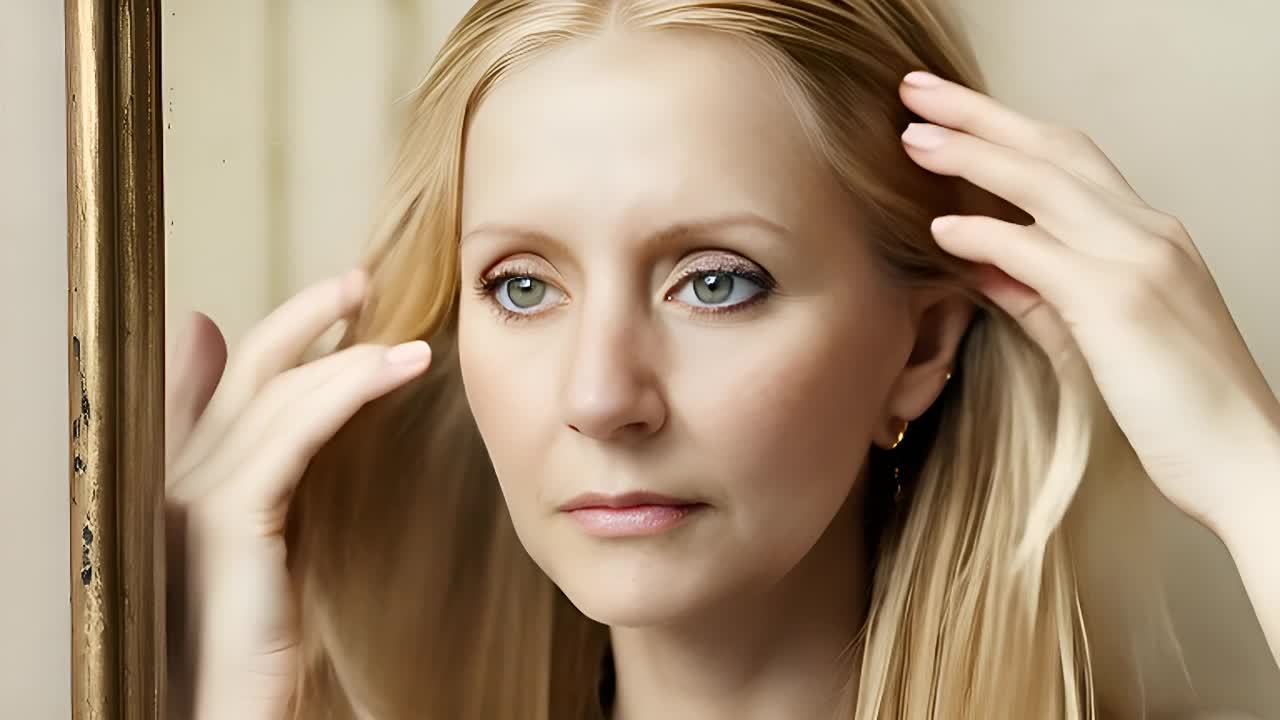一位有着金色长发的女性在米色墙壁前梳理头发。她稍微