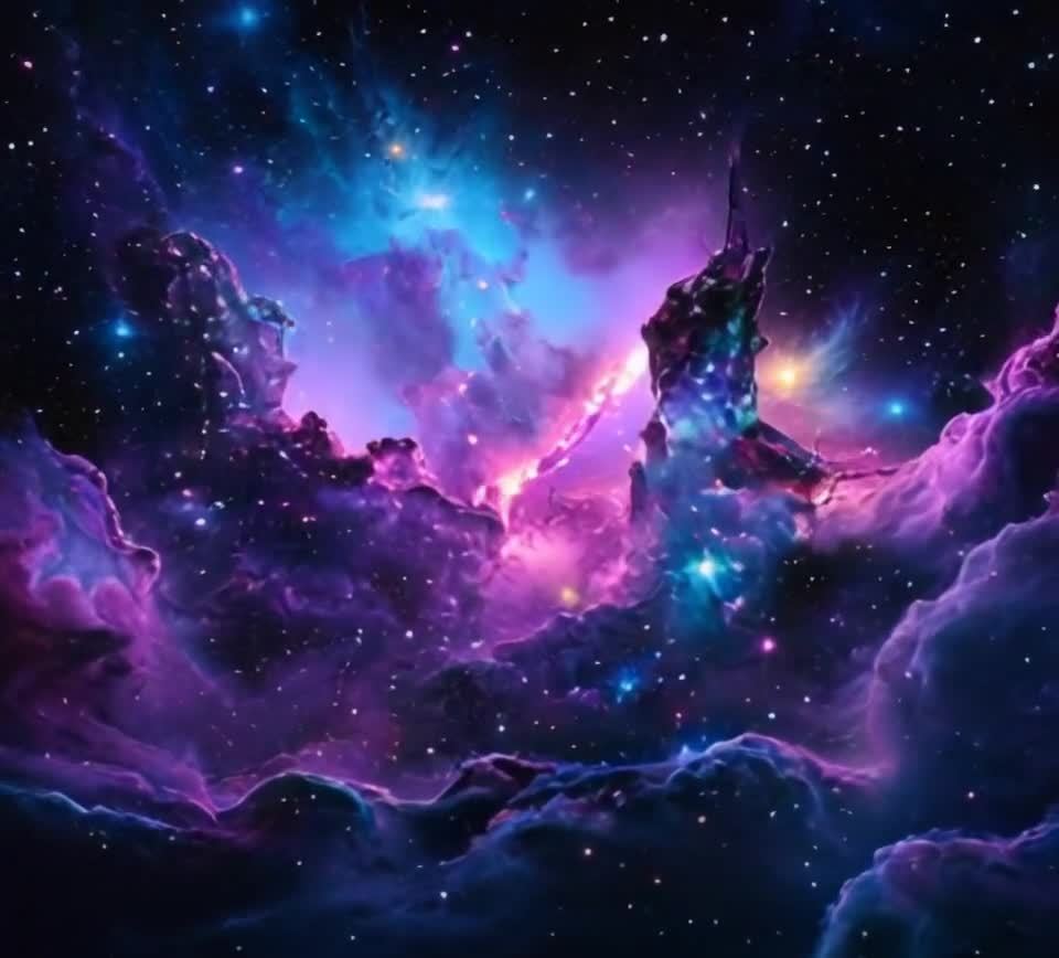 深邃的宇宙背景下，弥漫着大片紫色和蓝色的星云。星云