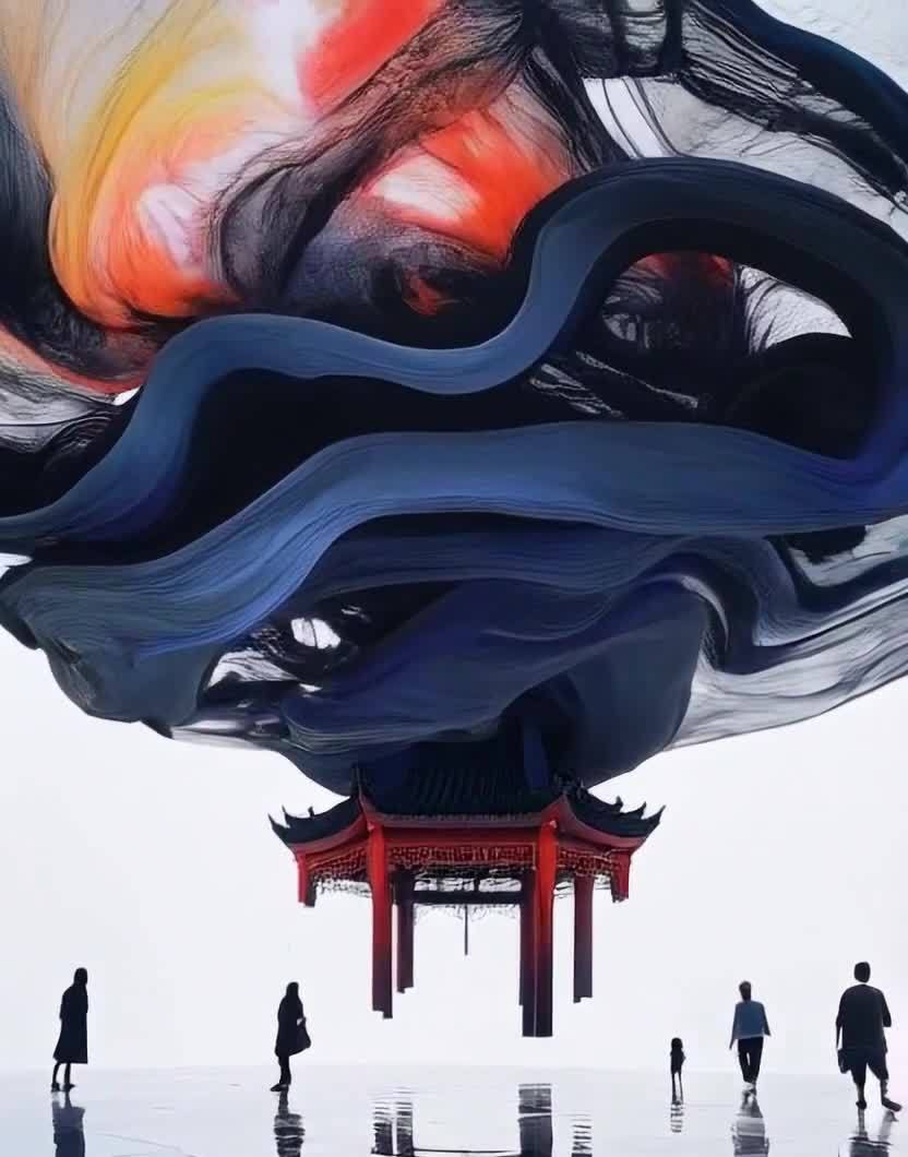 空中悬浮亭台，飘带，行人，倒影视觉艺术