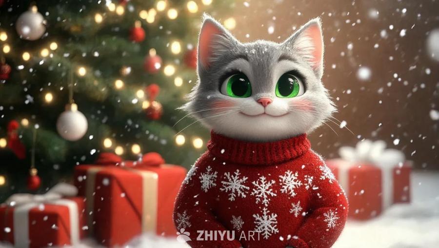 一只拟人化的猫，有着柔软的灰色毛发和富有表现力的绿