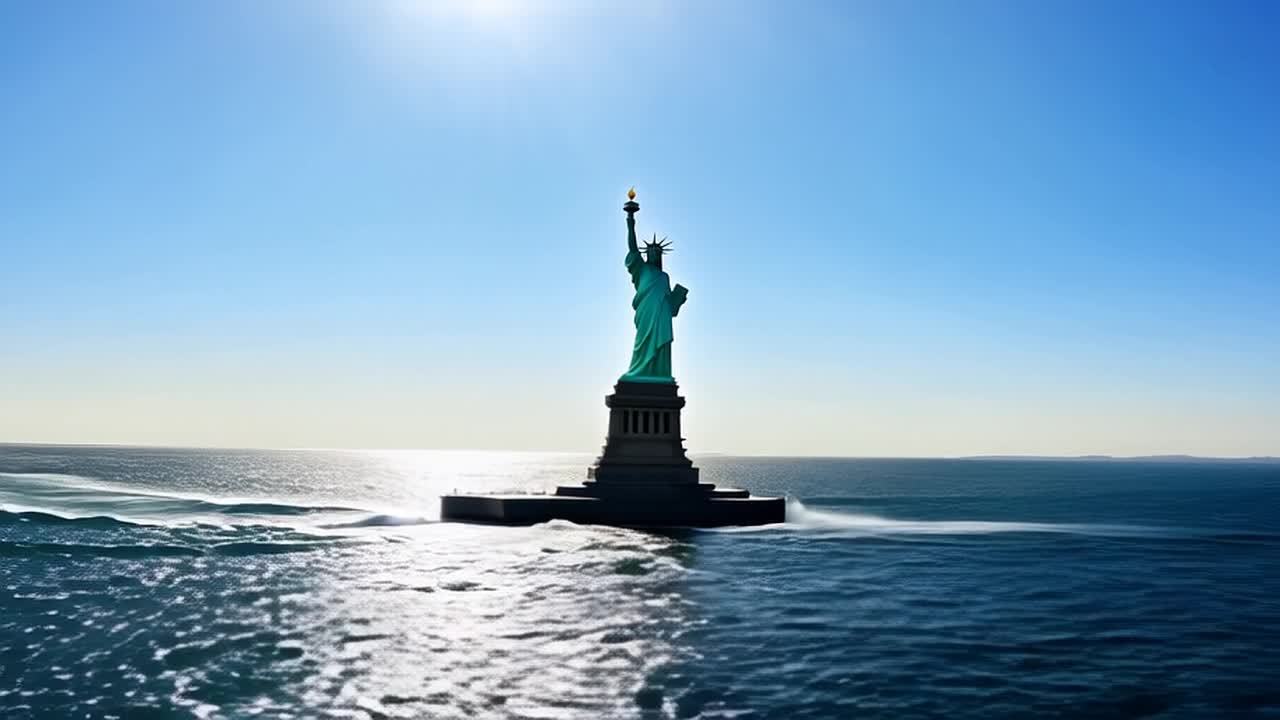 自由女神像矗立在海中，海面上有波浪，天空晴朗。
