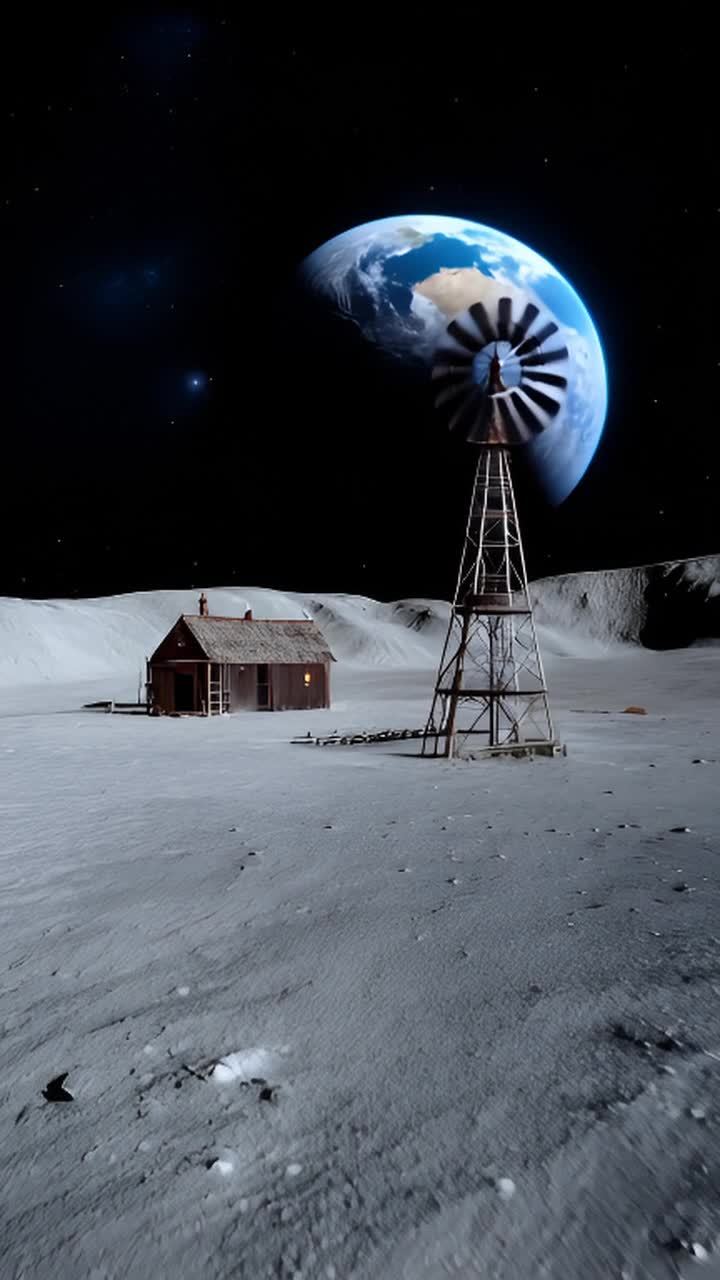 月球表面，一座小型农舍旁立着风车，远处深邃的夜空中