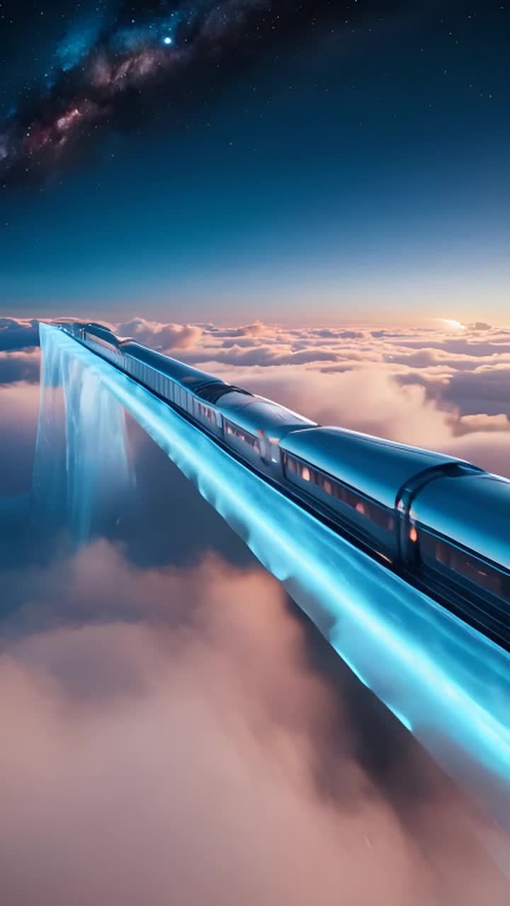 在云端穿梭的未来列车：一列发光的火车穿越云海之上的