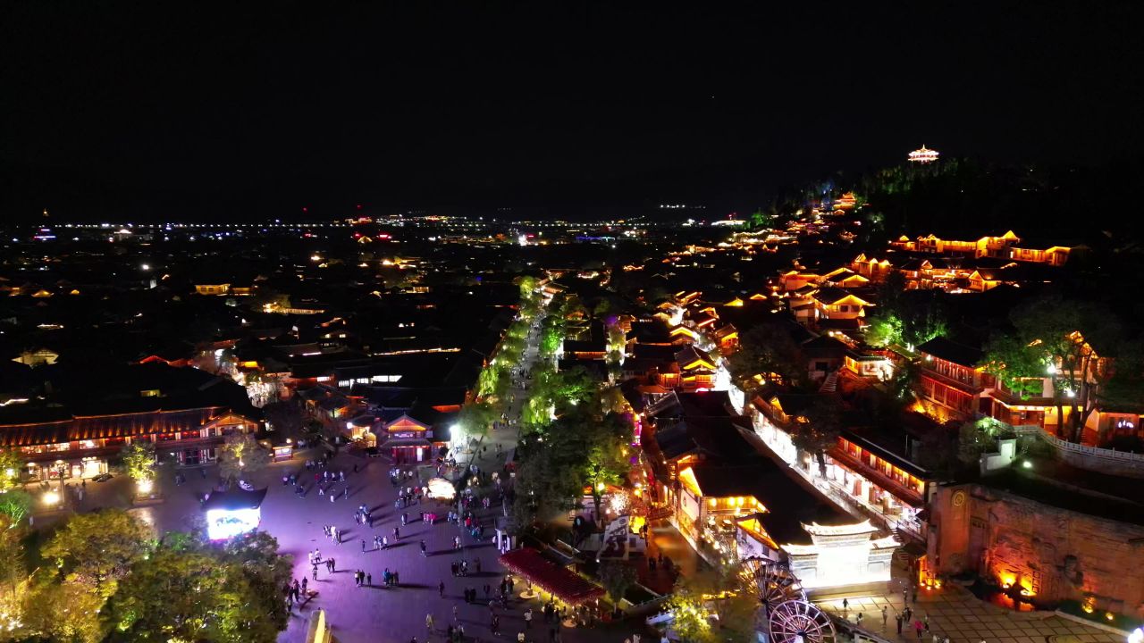 航拍云南丽江古城5A景区夜景