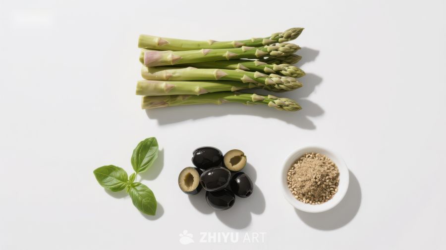 新鲜芦笋、橄榄与香料的组合