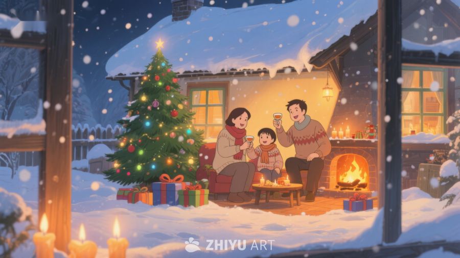雪夜温馨家庭圣诞庆祝 382