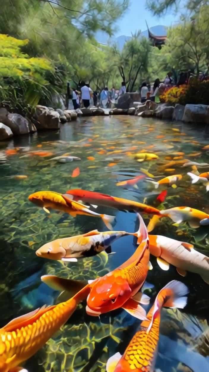 池塘锦鲤与游人，风景如画的休闲时光。