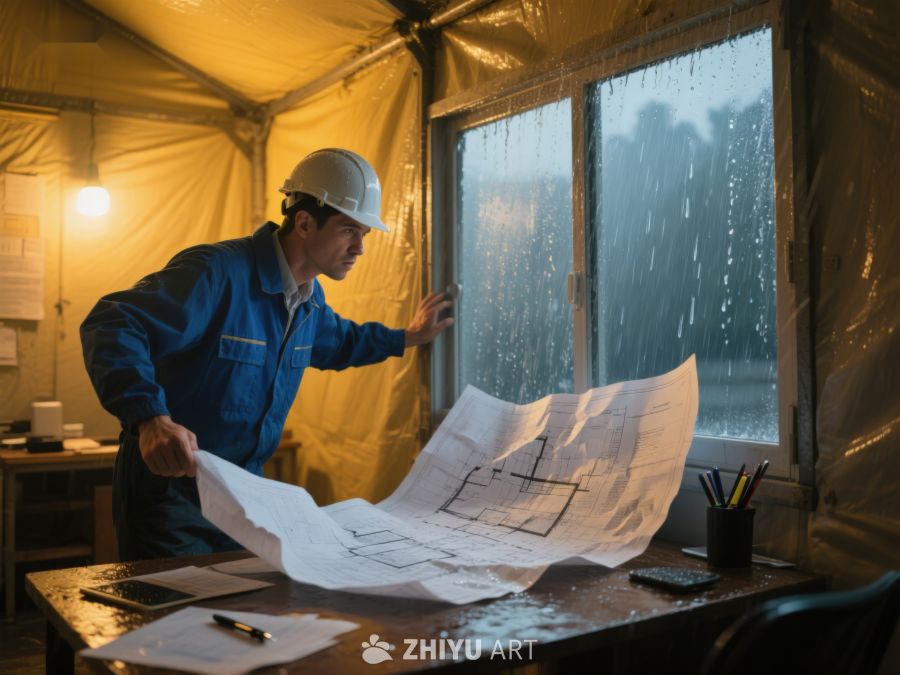 工程师在帐篷内查看建筑蓝图 81
