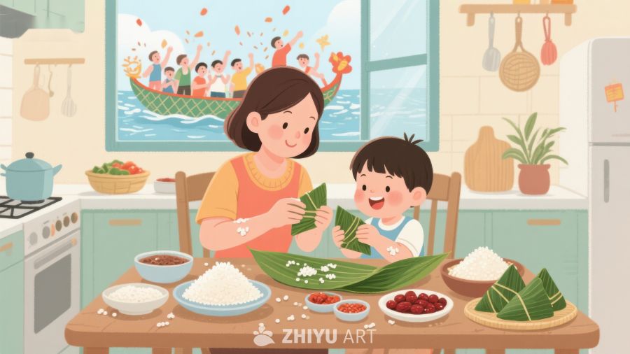 母子厨房包粽子，窗外龙舟赛热闹 357