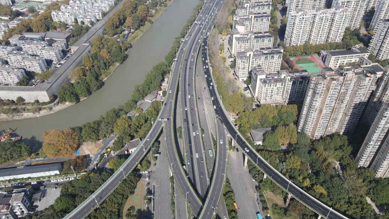 航拍城市立交桥南京双桥门高架桥 