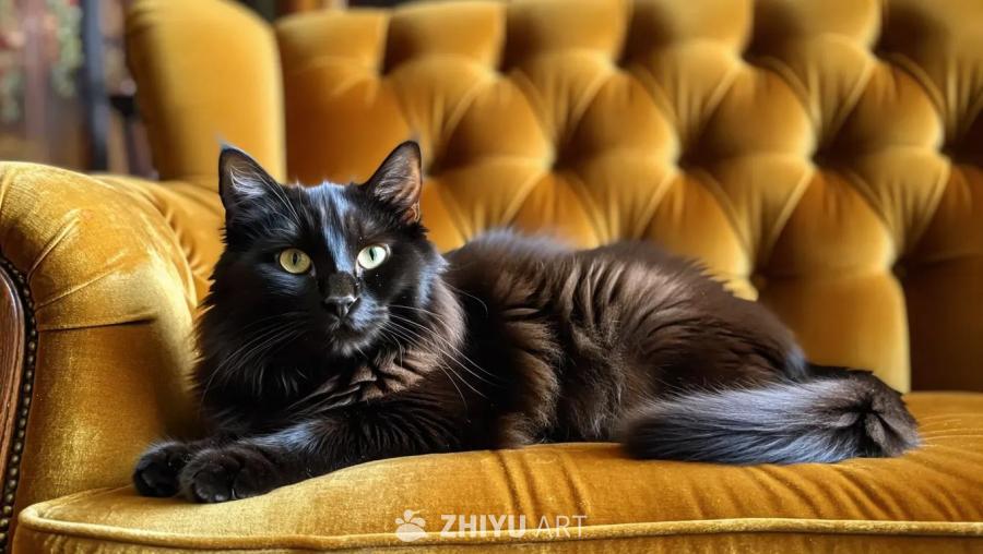 一只黑猫坐在沙发上。黑猫有着绿色的眼睛和蓬松的毛。