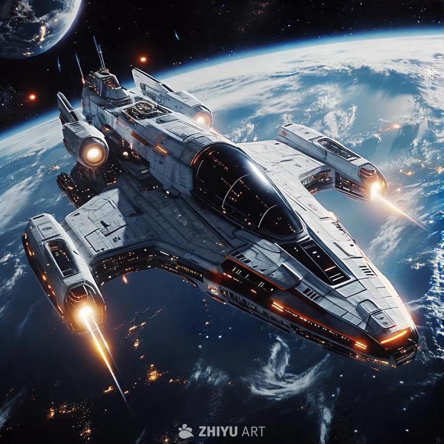 一艘未来风格的宇宙飞船位于太空中，下方是地球。宇宙