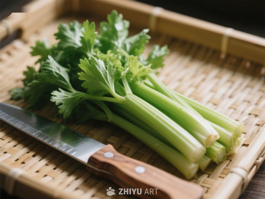 新鲜芹菜与刀具置于竹篮 472