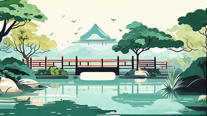 中国画园林植物水亭子插画 33