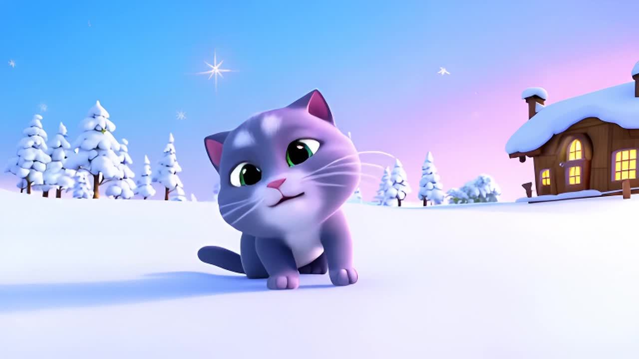 一只3D动画的灰色虎斑猫坐在雪地里，它有柔软的毛发