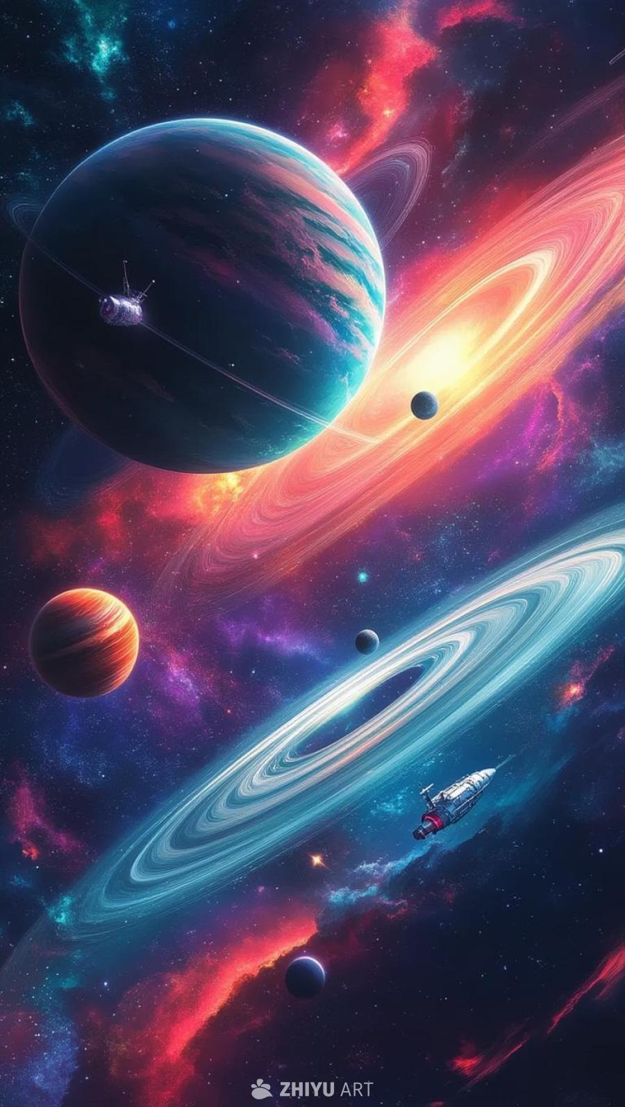 动画风格的宇宙空间，画面中可见不同的行星。一颗较大