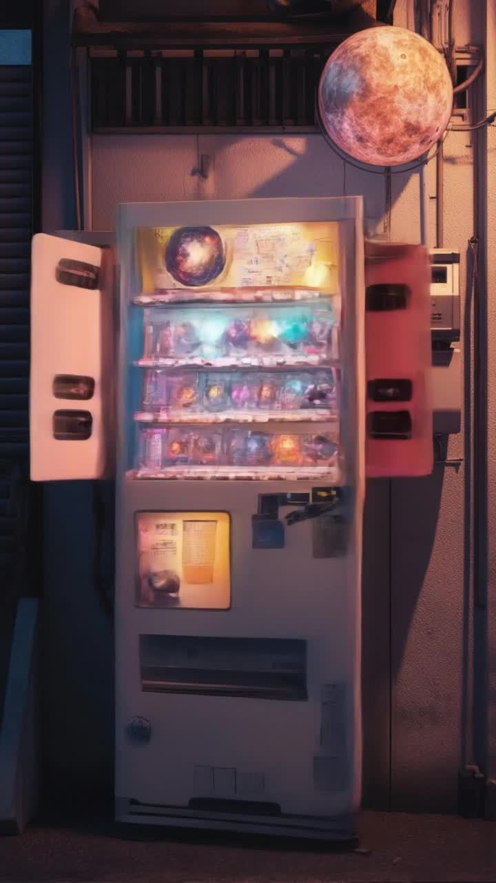 一个未来主义的自动售货机，设计简洁，靠着一堵光线昏