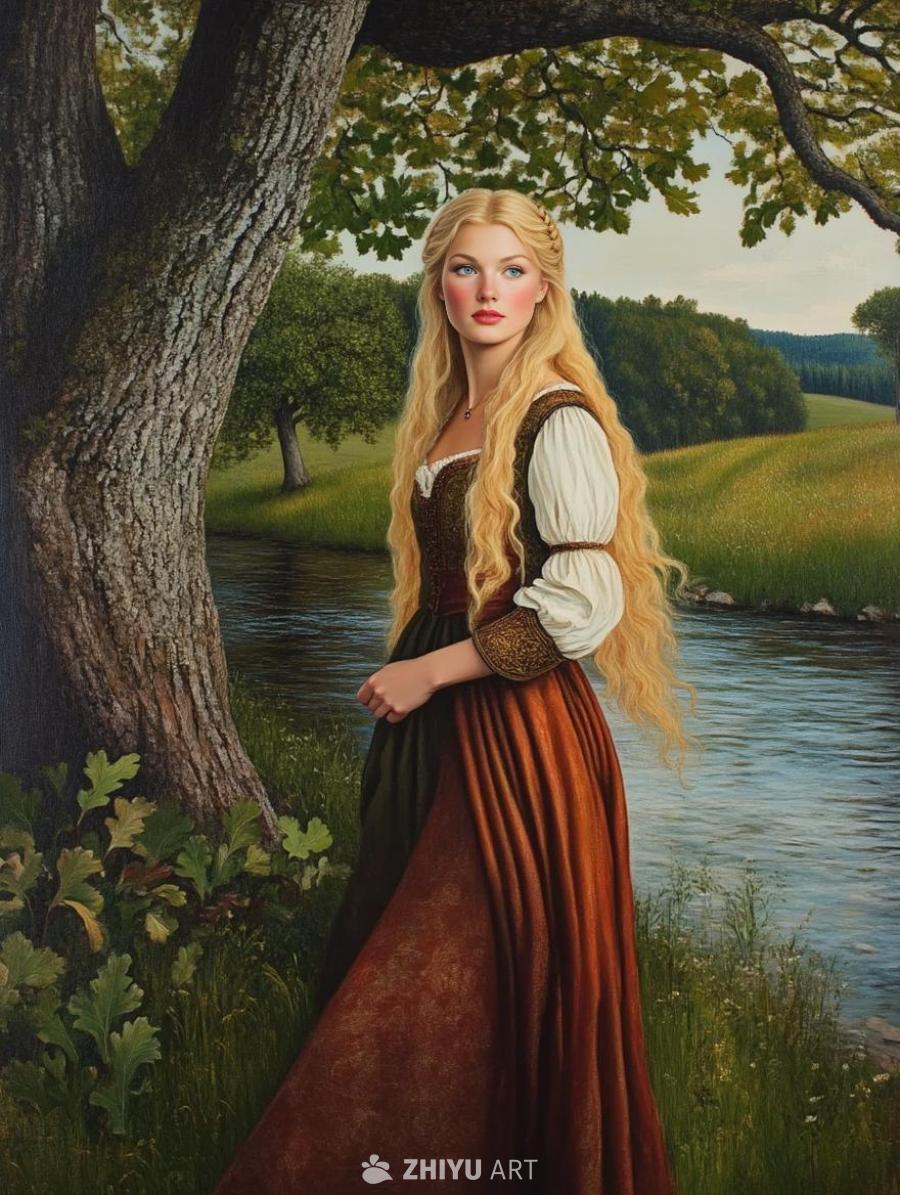 一位有着金色长发的斯堪的纳维亚美女，睁着眼睛，以文