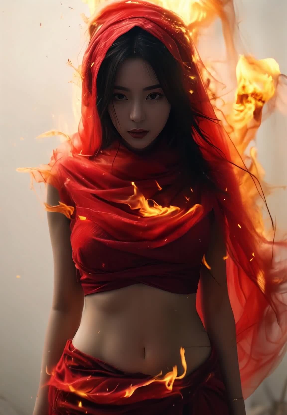 火焰环绕的红衣女子炽热目光