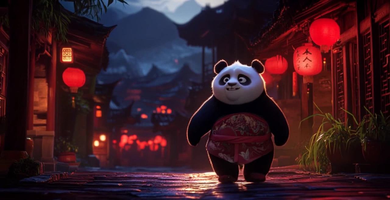 一只熊猫穿着带有传统图案的围裙，在街道上缓缓行走。