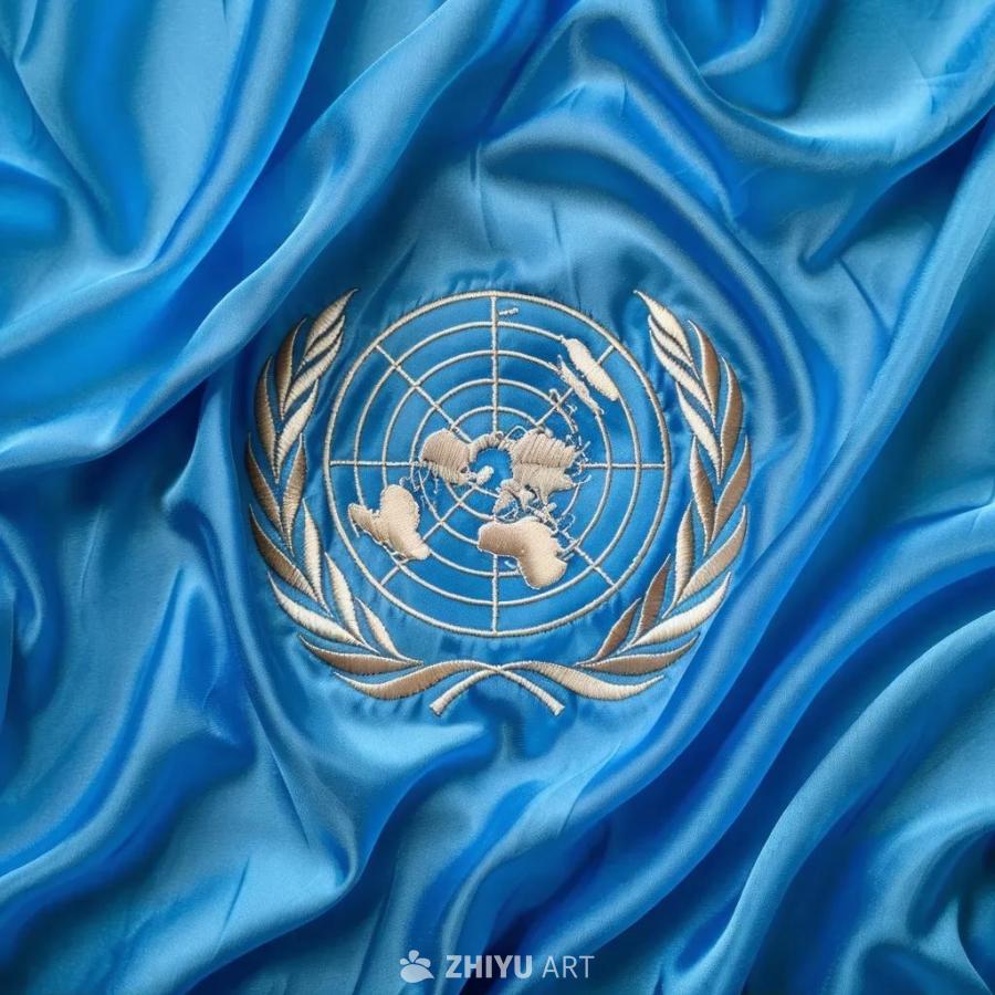 联合国徽标位于光滑的蓝色织物背景上。