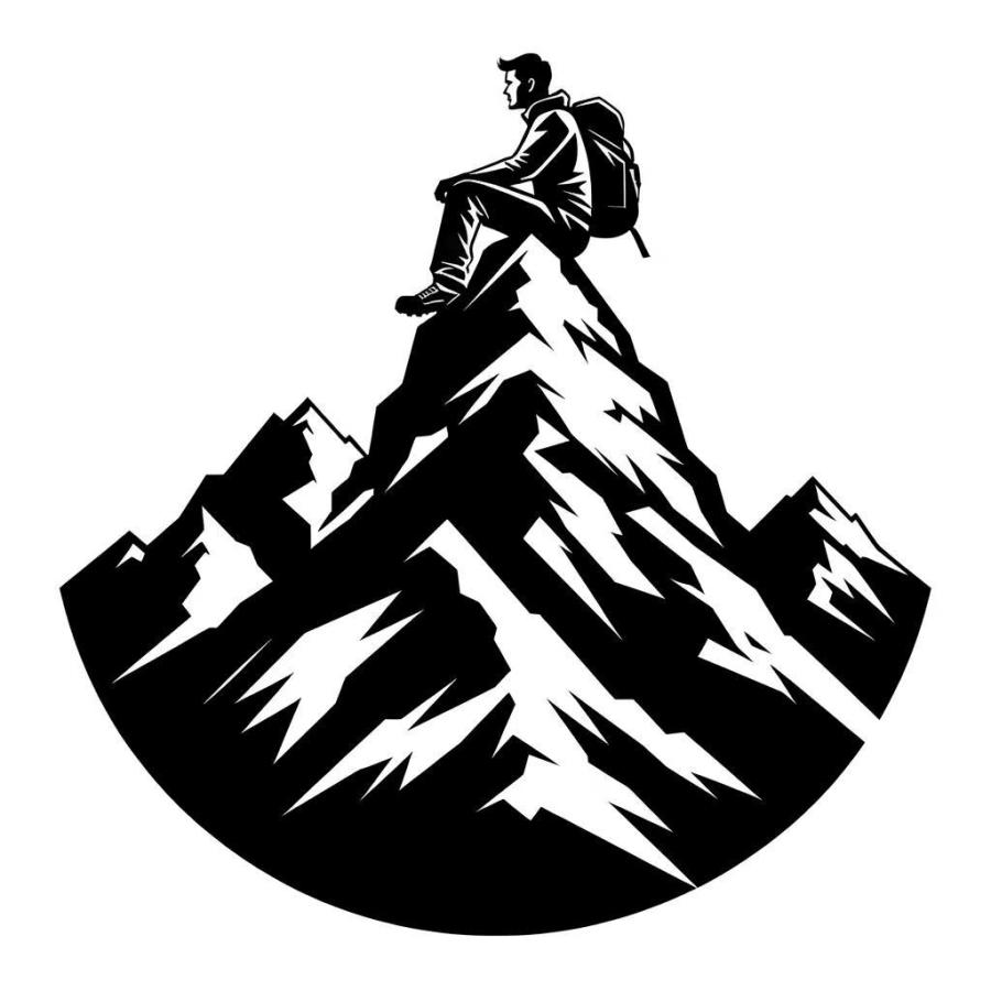 黑白色的标志图案中，一个男人坐在高耸的山峰顶端，他