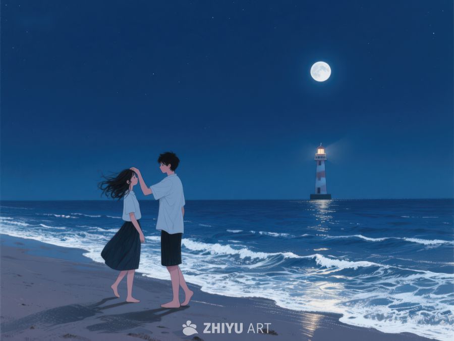 月下海边情侣与灯塔 1202