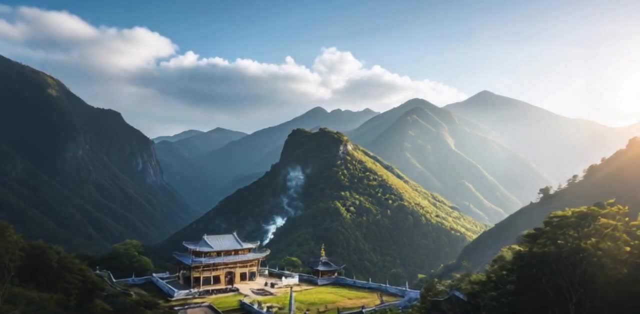 山间中式建筑，云雾缭绕，静谧祥和