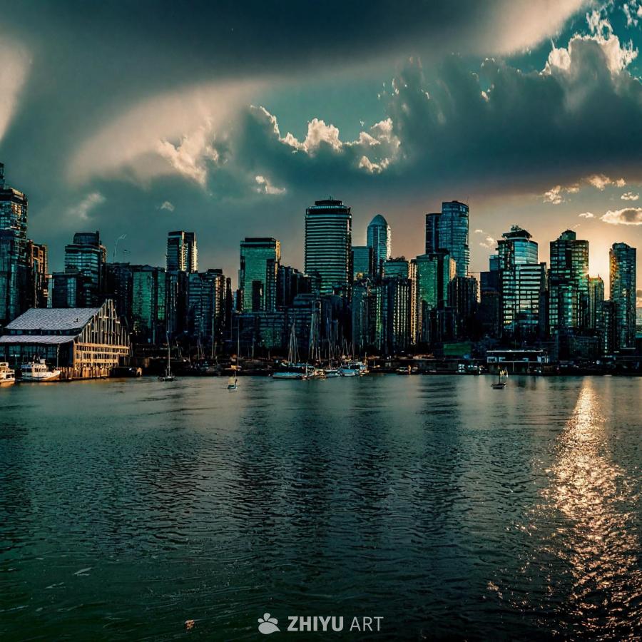 高楼林立的城市天际线占据了背景，城市坐落在一条河边