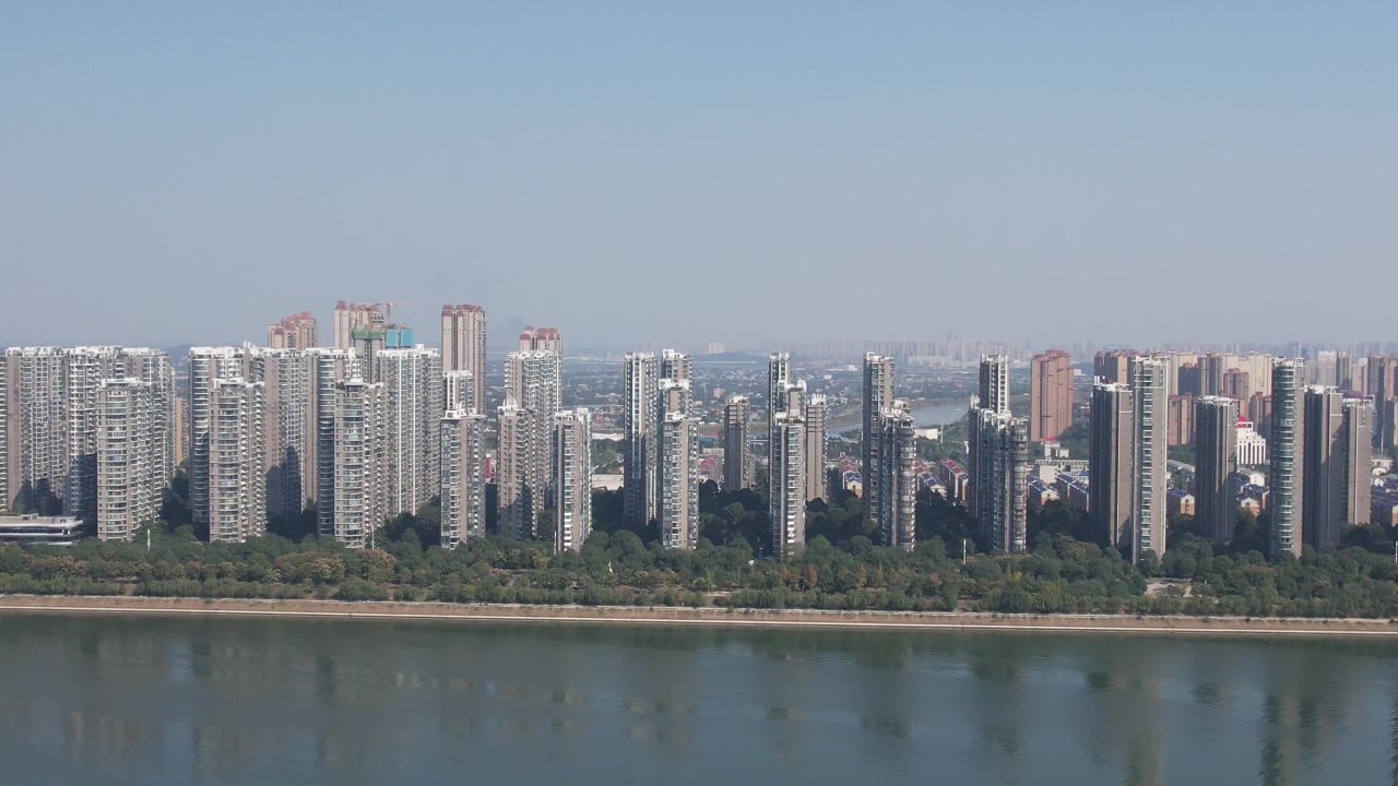 城市沿江高楼建筑长沙湘江世纪城航拍 