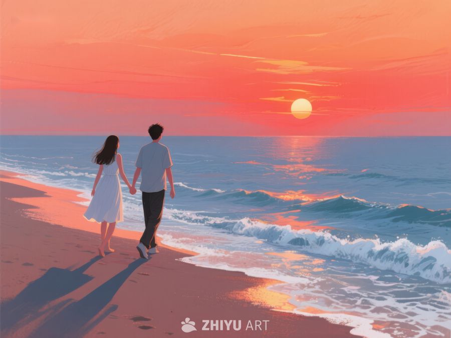 情侣海边漫步，夕阳映照浪漫时刻 537