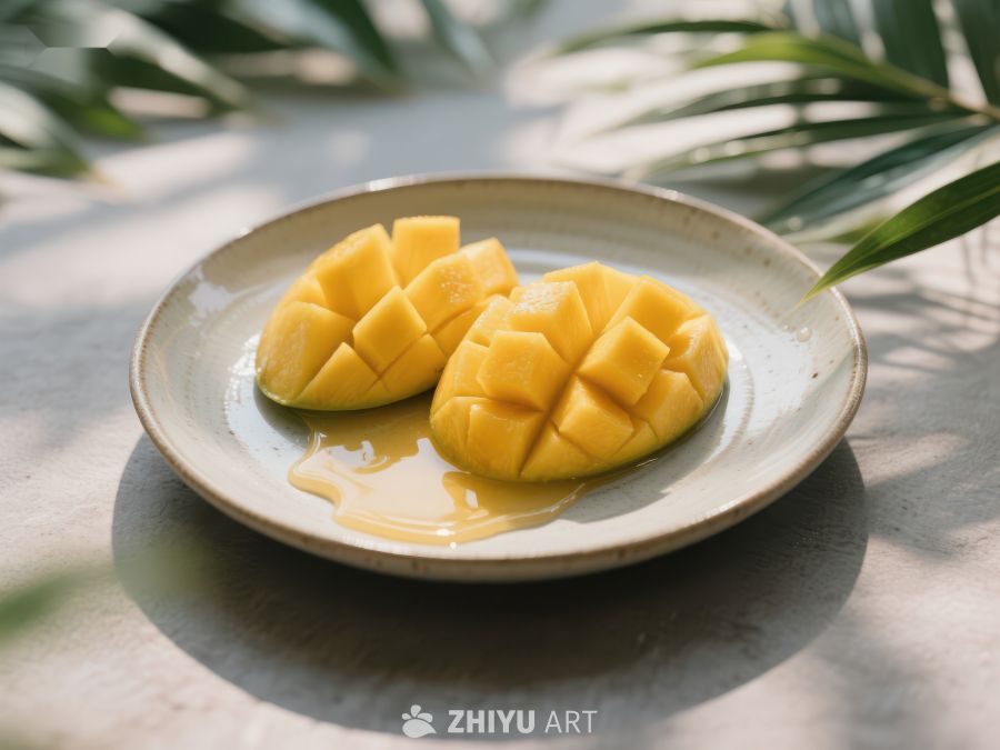 新鲜芒果切块，置于盘中 725