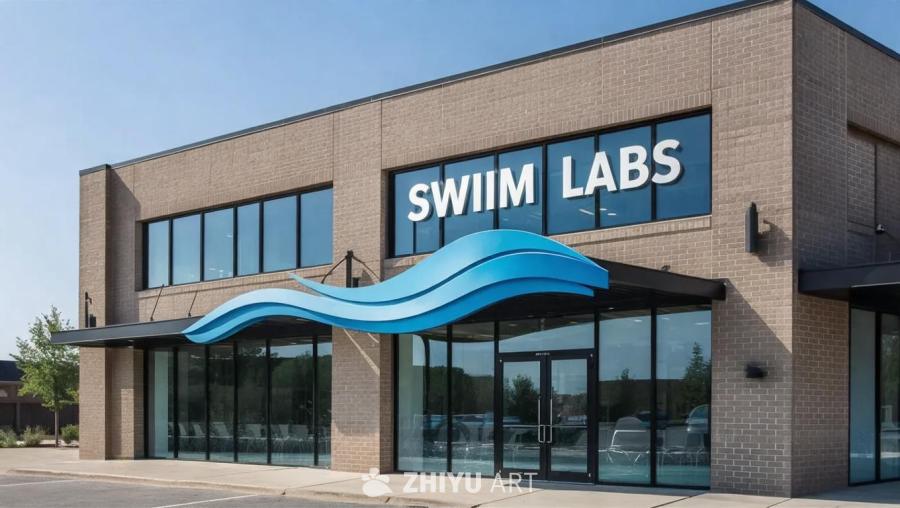 一栋砖砌建筑，正面写着“SwimLabs”，文字上