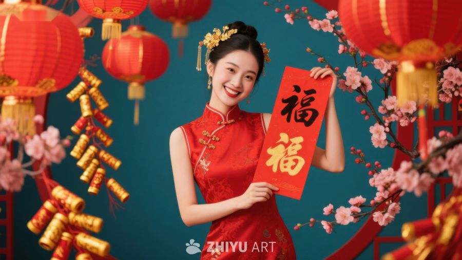 女子身着旗袍手持福字庆祝春节 710