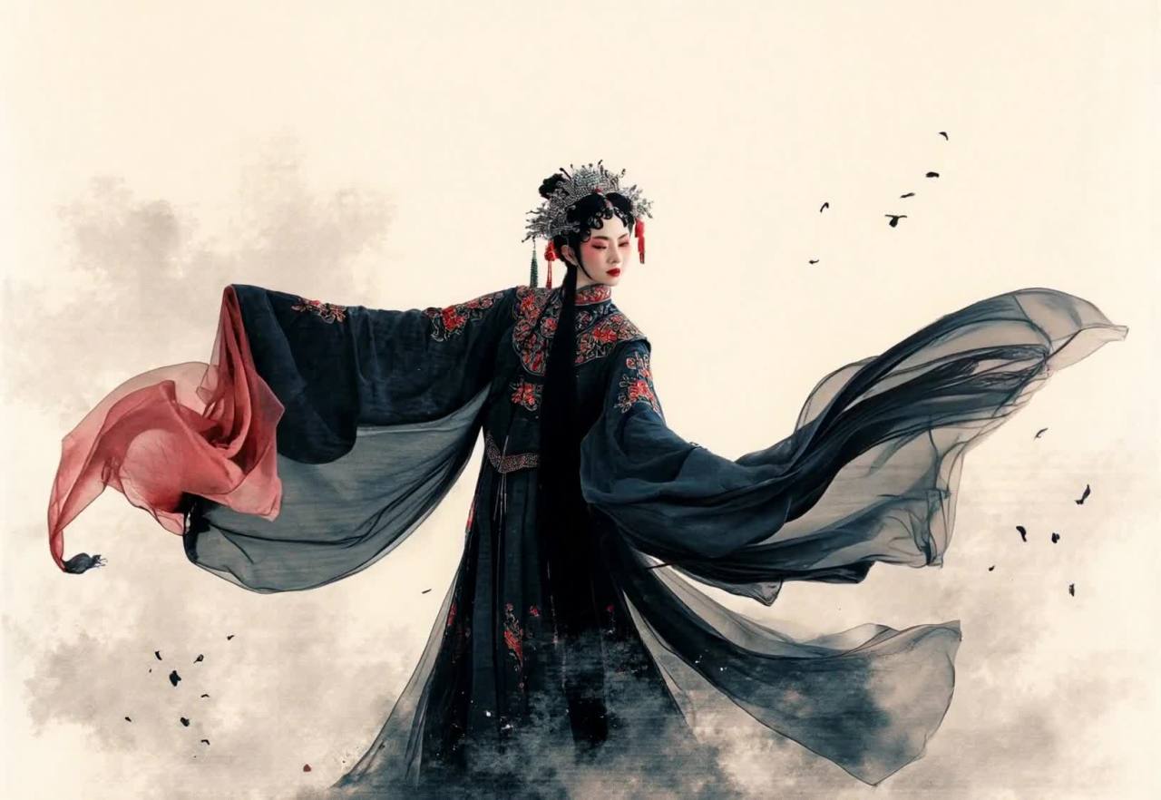 一位中国戏曲演员身着刺绣黑色长袍，头戴装饰华丽的头
