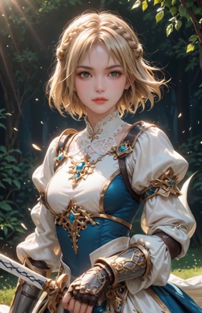 一位金发碧眼的女性角色站在一片树林中。她穿着一件白