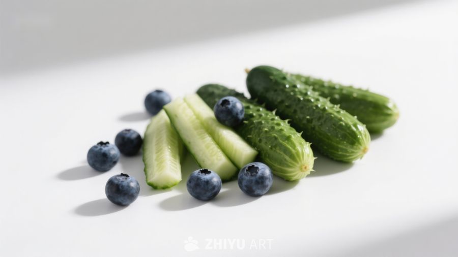 新鲜黄瓜与蓝莓的静物组合