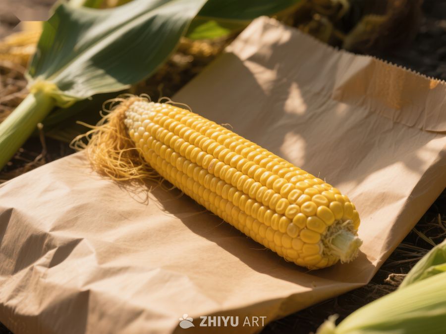新鲜玉米置于纸袋上 783