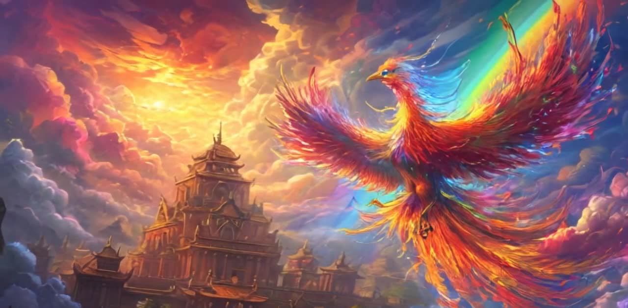 一只色彩斑斓的凤凰在天空飞舞，它的翅膀展开，呈现出