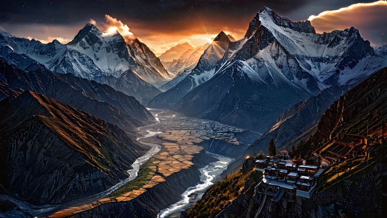 鸟瞰视角下，可见喜马拉雅山脉高耸的山峰，山峰被白雪