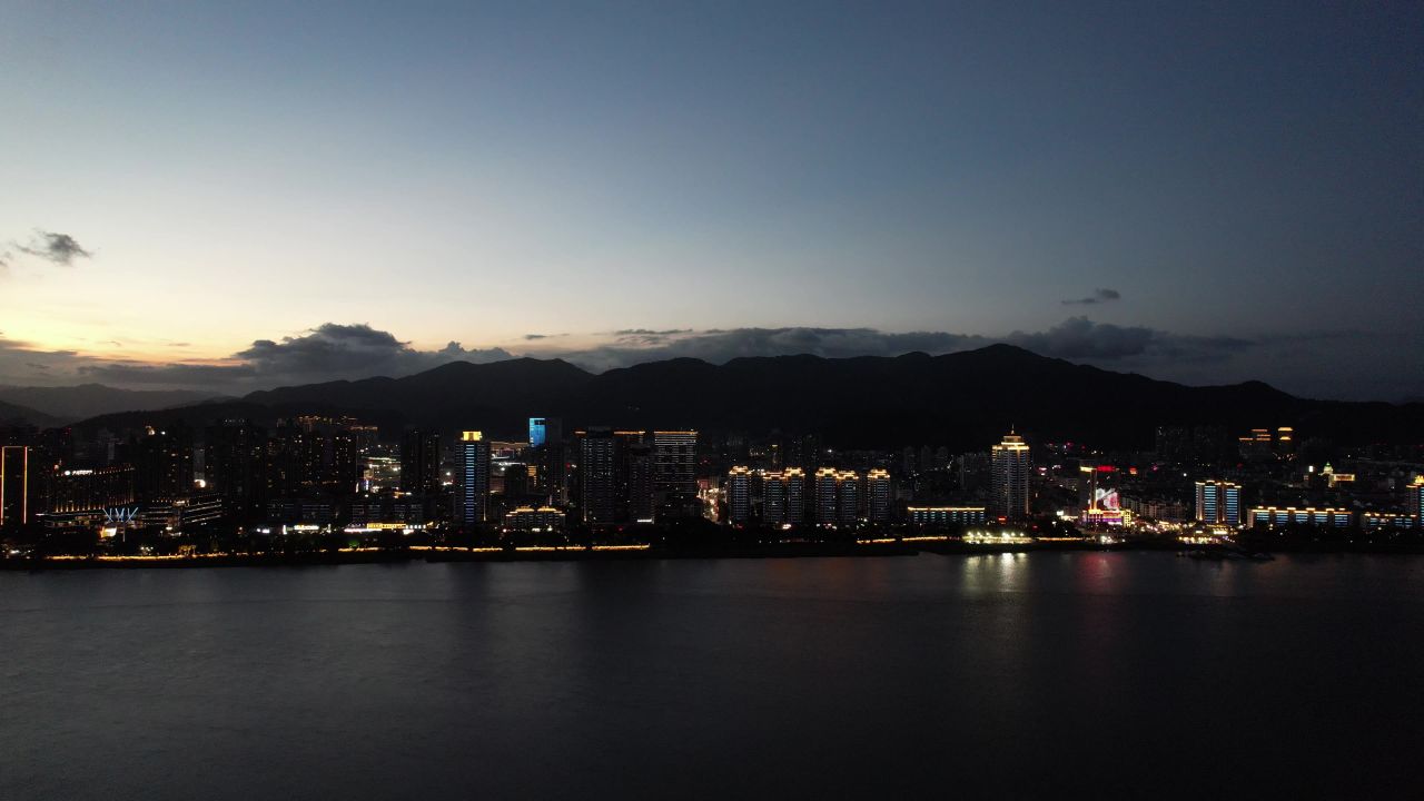 浙江温州城市夜幕降临夜景灯光航拍 