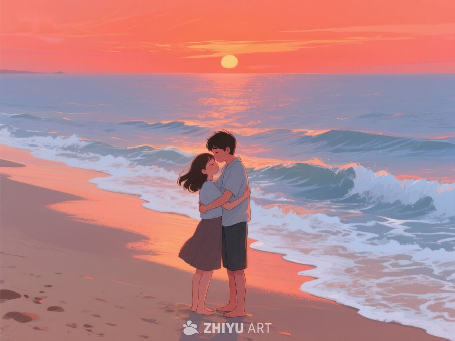 海滩日落下的情侣拥吻 299