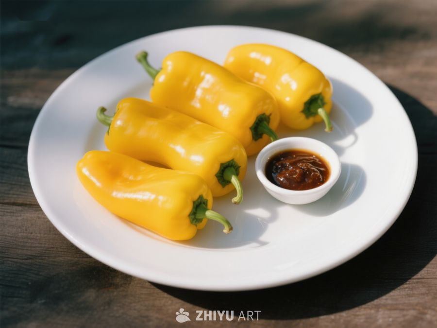 黄色甜椒配蘸酱，置于白色盘中 191
