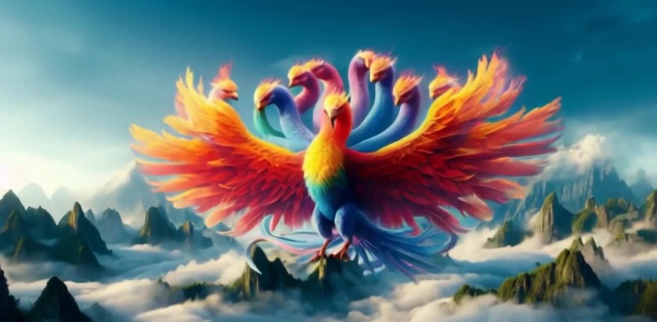 多头彩色鸟立于山顶云雾间