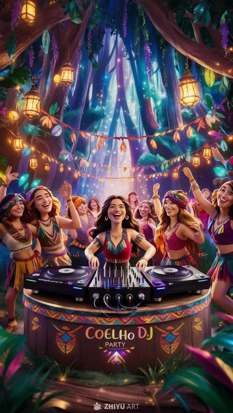 森林里举办着一场热闹的派对。科埃略DJ正在打碟，周