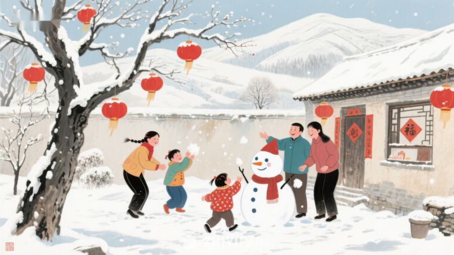雪中堆雪人，家庭共度温馨时光 1095
